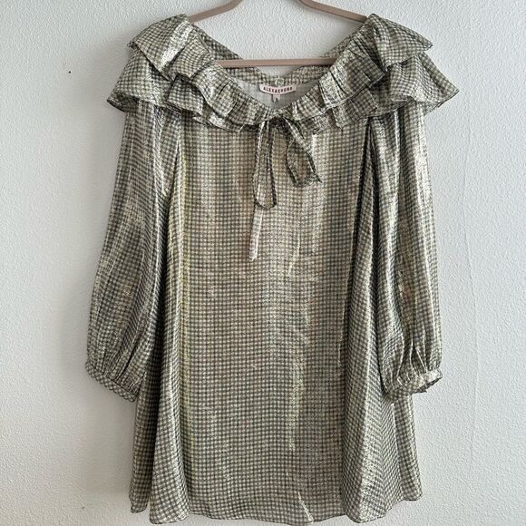 NWT ALEXACHUNG Metallic Lurex Silver Puff Sleeve Dress - Picture 3 of 9